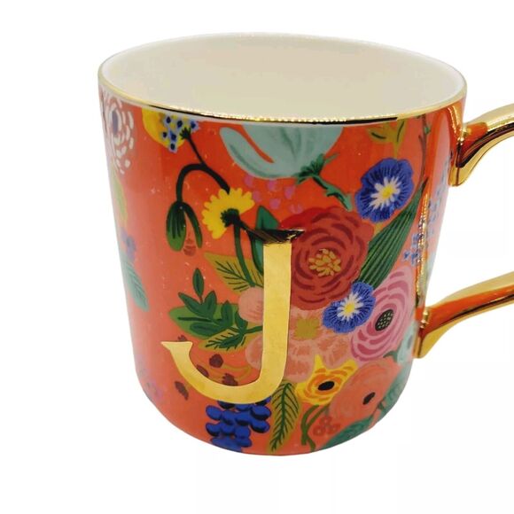 Anthropologie J Garden Party Monogram Mug 13 oz Rifle Paper Co Orange Floral - Picture 2 of 5